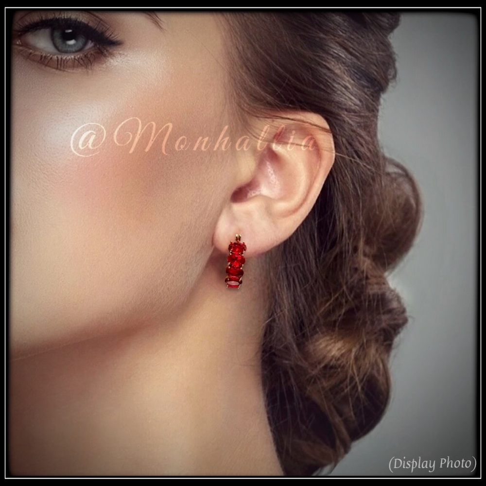 New Deep Red Ruby Stone Gold Round Huggie Earrings - Picture 6 of 6